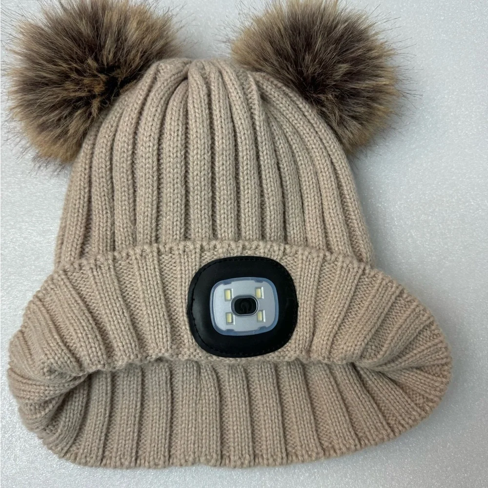 Kids’ Beanie Pom Pom Night Light Headlamp Tan Natural Color